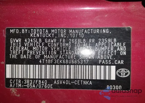 2011 Toyota Camry Le z USA, uszkodzony, nr VIN 4T1BF3EK6BU665317